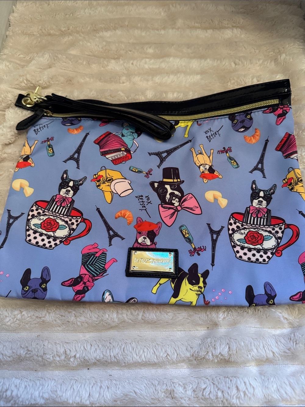 Betsey Johnson Lilac Novelty French Bulldog Print Wristlet Clutch